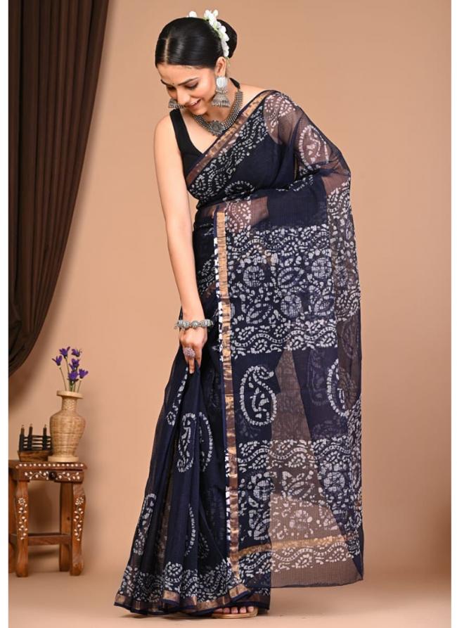 Cotton Kota Doriya Navy Blue Casual Wear Printed Saree